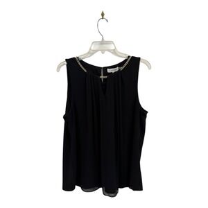 Calvin Klein Top Women‎ Large Black Gold Tone Chain Neckline Chiffon Overlay